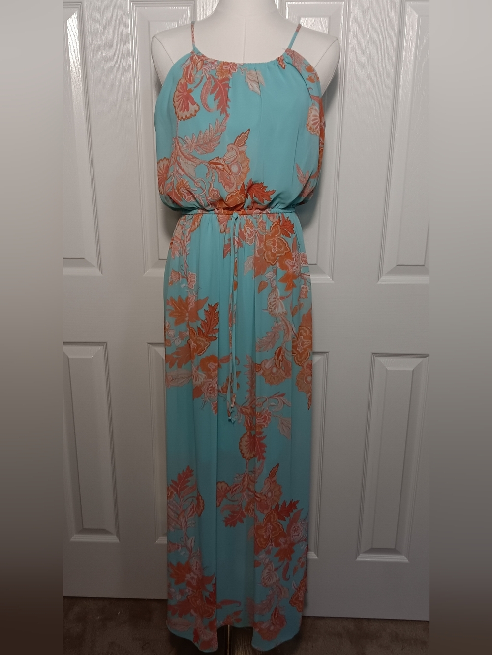 Sweet Storm Vibrant Aqua Maxi Dress with Orange Floral Print